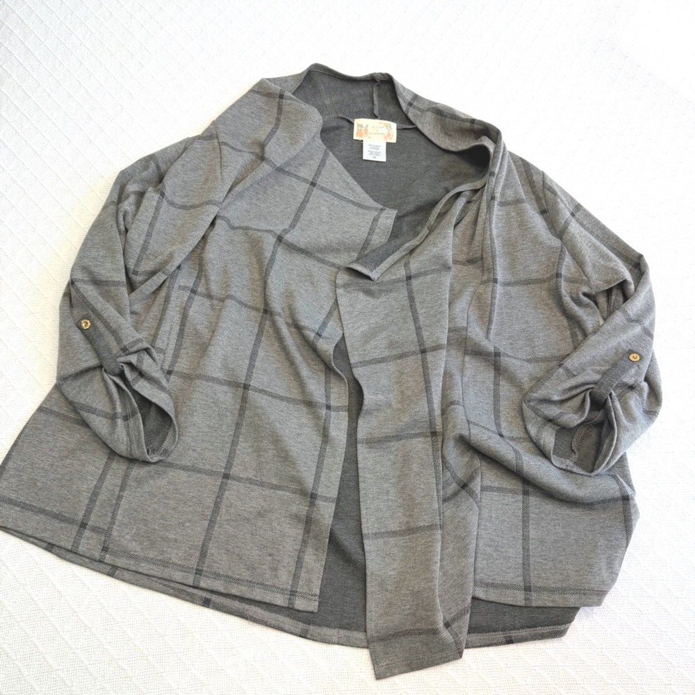 Poppy + Bluebird Grey Windowpane Plaid Open Front Roll Tab Cardigan 2X 1330TX